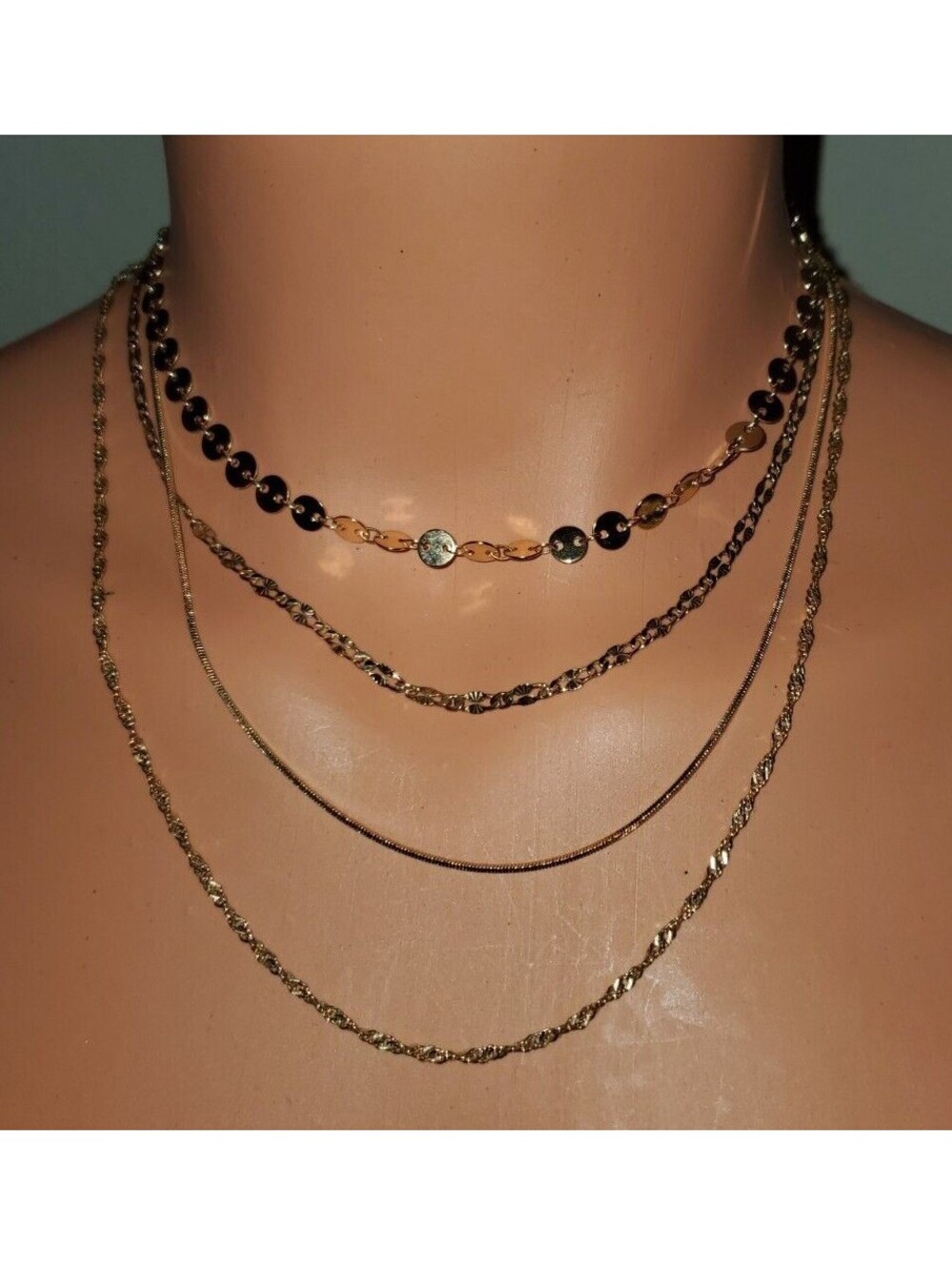 GOLD MULTI LAYER FASHION NECKLACES 4 SEPARATE NECKLACES DIFFERENT LENGTHS